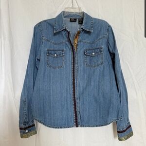 Denim Button-Up Shirt with Paisley Accents